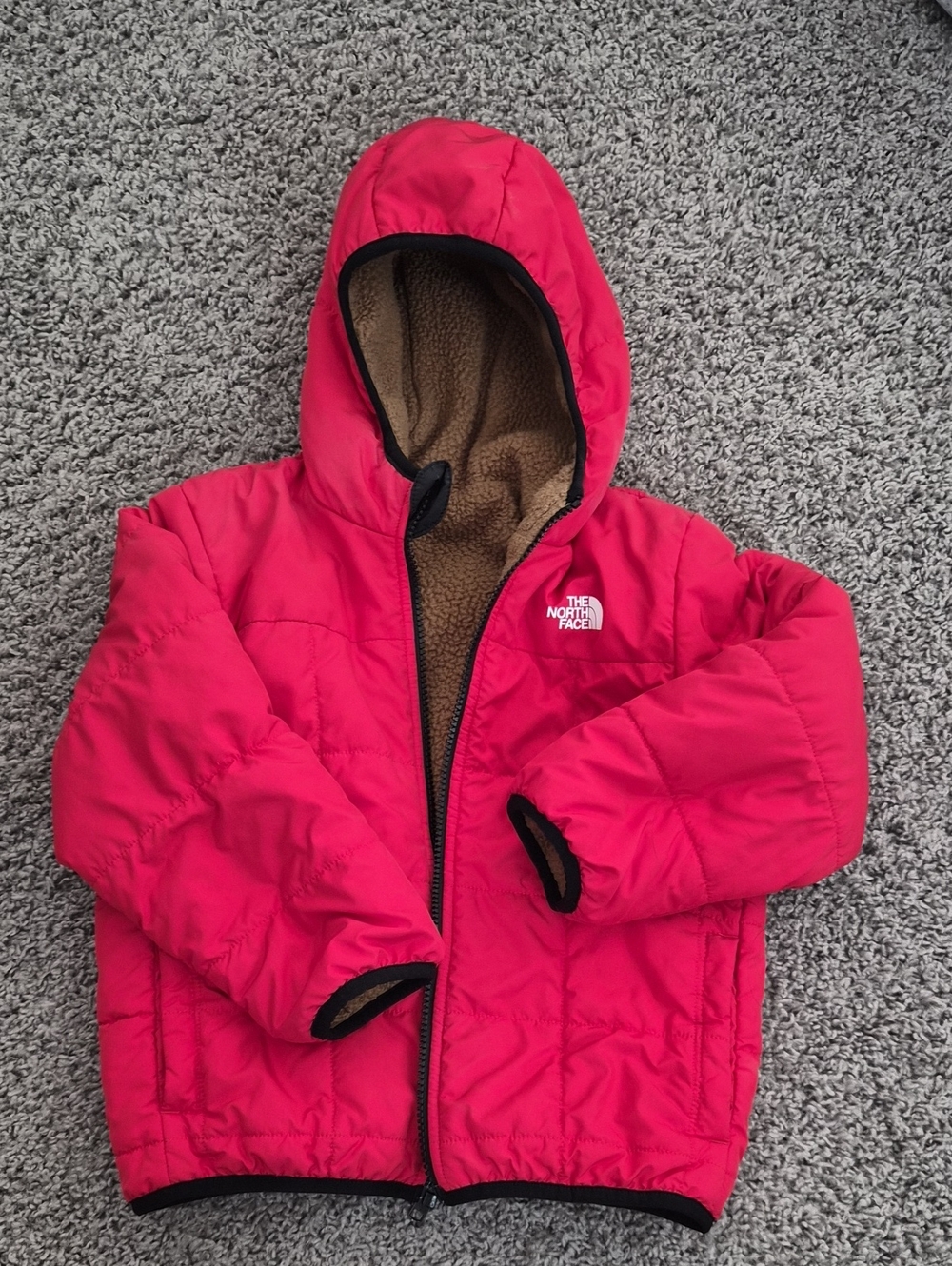 The North Face Hot Pink Hooded Puffer with Tan Fleece Lining